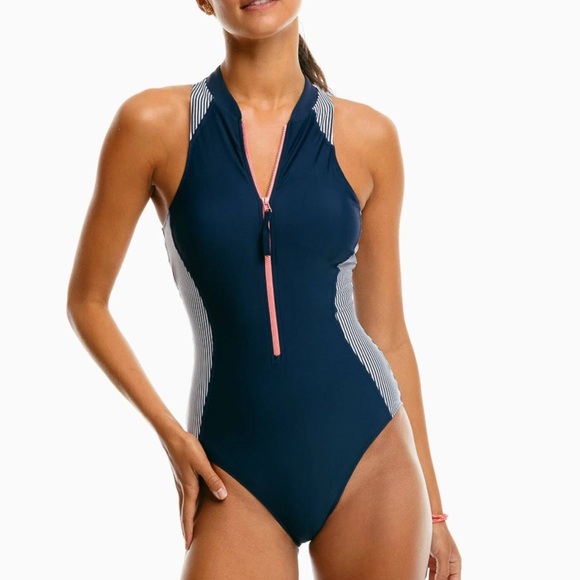 NWOT Southern Tide Seersucker Zip Front One-Piece - Picture 2 of 13